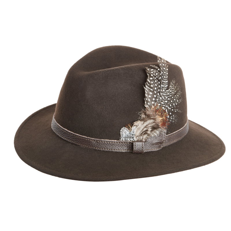 Poľovnícky klobúk TETRAO - s hnedým remienkom a pierkom hnedý