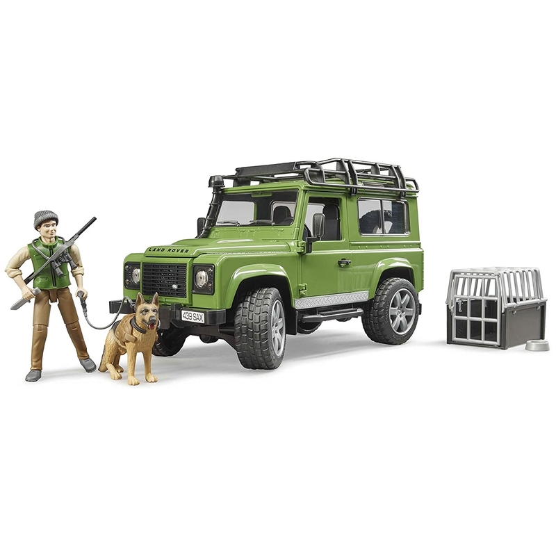 Defender Land Rover Station Wagon s figúrkou poľovníka a psa BRUDER