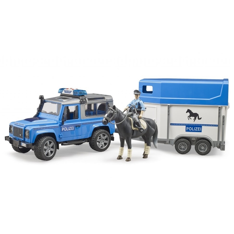 Policajné auto Land Rover s prívesom, koňom a figúrkou policajta BRUDER
