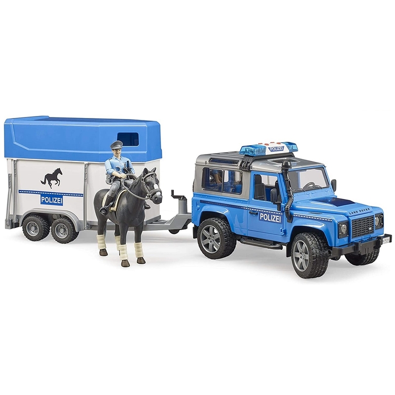 Policajné auto Land Rover s prívesom, koňom a figúrkou policajta BRUDER 1