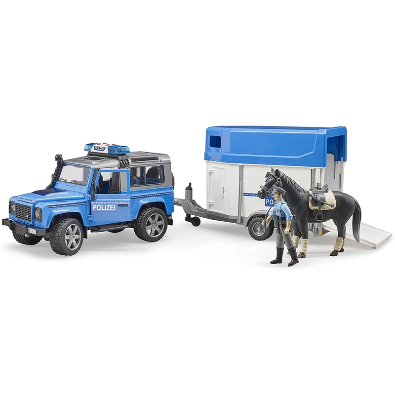 Policajné auto Land Rover s prívesom, koňom a figúrkou policajta BRUDER 2