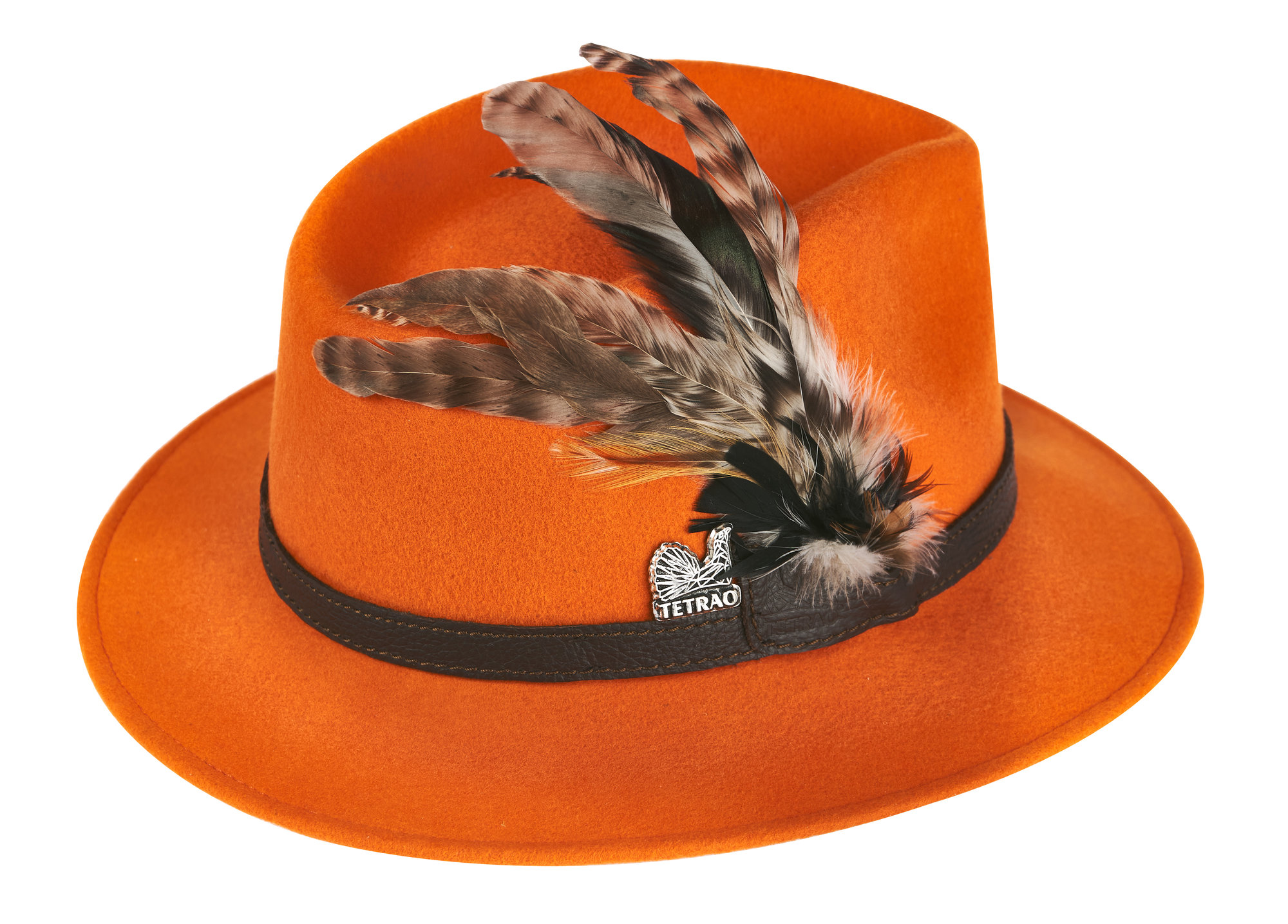 Dámsky poľovnícky klobúk TETRAO – oranžový s koženým remienkom a pierkami  58  