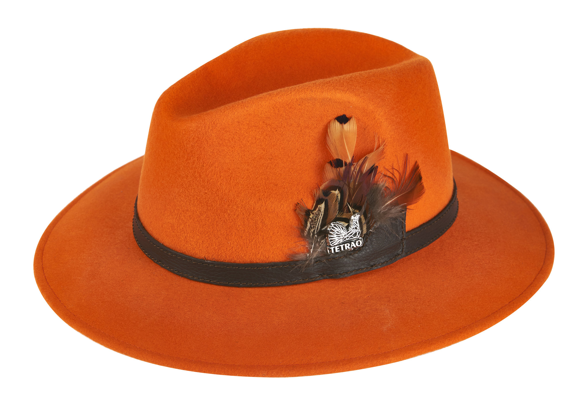 Poľovnícky klobúk TETRAO – oranžový s koženým remienkom a pierkami – uni 57  