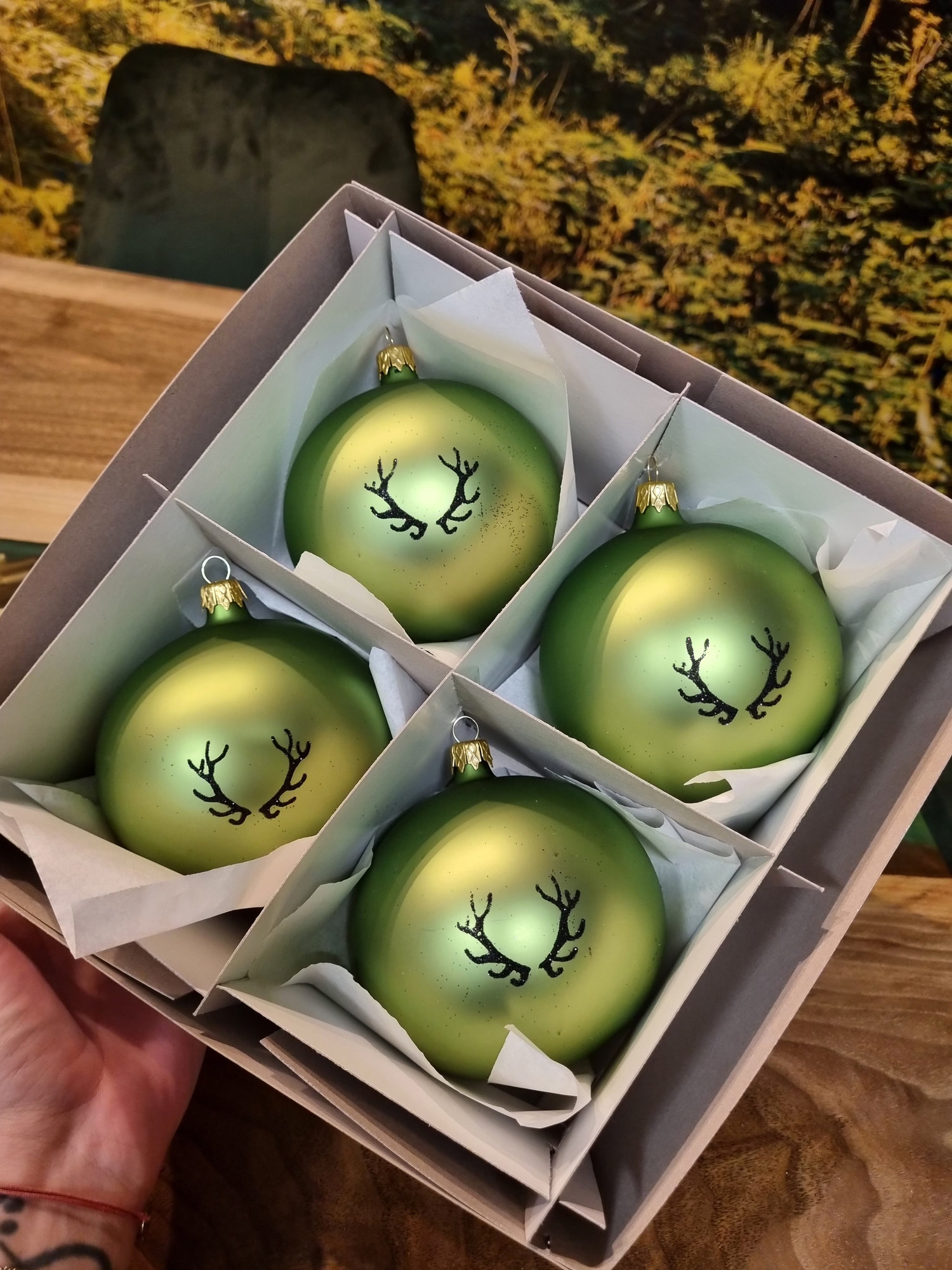 Vianočné gule TETRAO bledá zelená-parohy 10 cm, 4ks